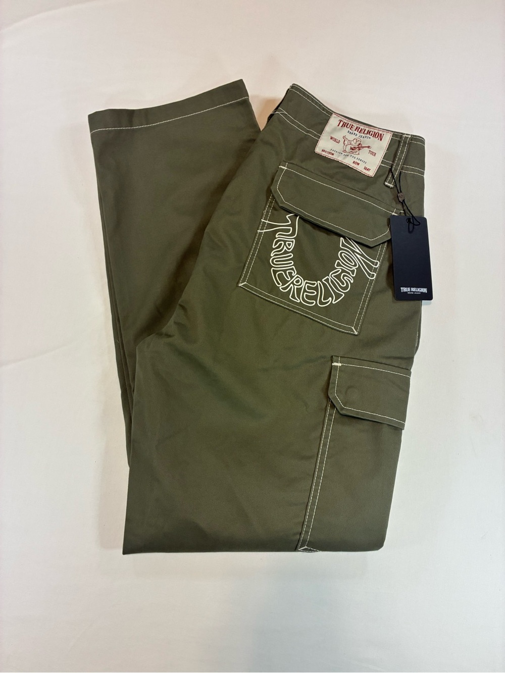 True Religion Olive Green Cargo Pants with Contrast Stitching